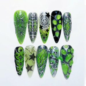 Handmade Cyberpunk Alien Press On Nails | with 3D Chrome Tech Star Design | Long Stiletto Nails in Neon Green Silver for Futuristic Style