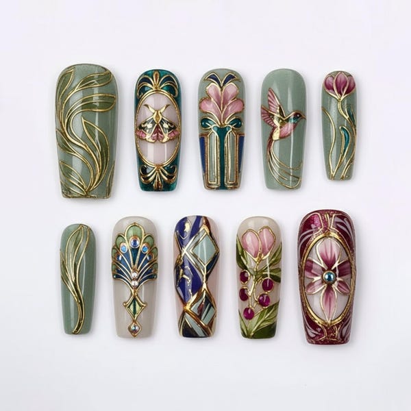 Handmade Art Nouveau Floral Press On Nails | Gold Line Bird Flower Art | Long Coffin Nails for Elegant Vintage Look
