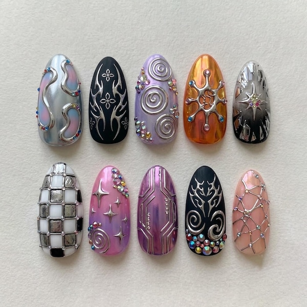 Handmade Cyber Y2K Press On Nails - Chrome 3D, Rhinestone, Metallic Art Almond Nails for Futuristic Glam Vibes