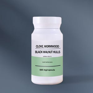 以下が含まれることがあります： 白いキャップが付いた白いボトルで、「CLOVE、WORMWOOD BLACK WALNUT HULLS」と書かれています。ラベルには「HERBAL HEALTH」と「PURITY&PRECISION」も含まれています。ラベルの下部には「500 mg/capsule」と書かれています。