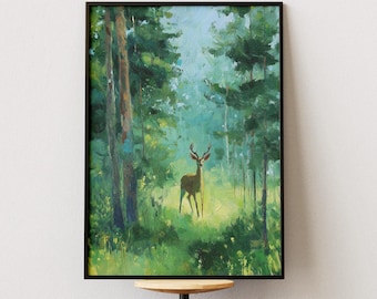 Deer in Forest Oil Painting, Vintage Wildlife Print, Rustic Stag Wall Art, Green Woodland Decor, Nature Lover Gift, Cabin Cottagecore Art