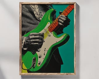 Green Electric Guitar Wall Art, Vintage Music Poster, Guitarist Hands Print, Retro Pop Art Instrument, Rock and Roll Decor, Halftone Style