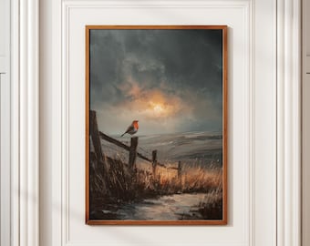 Vintage Bird Oil Painting, Moody Landscape Print, Robin on Fence Wall Art, Rustic Farmhouse Decor, Cottagecore Aesthetic, Digital Download