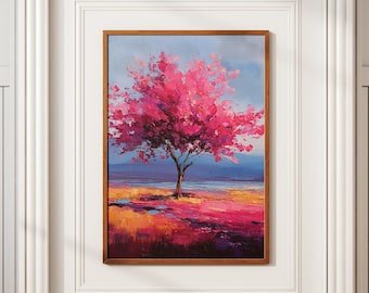 Pink Cherry Blossom Print, Abstract Sakura Tree Art, Colorful Spring Landscape, Nursery Wall Decor, Vibrant Oil Painting , Digital Download