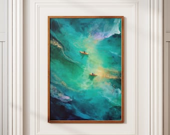 Abstract Aerial Boating Print, Turquoise Ocean Wall Art, Teal and Gold Seascape, Minimalist Coastal Decor, Couple in Canoe, Large Painting