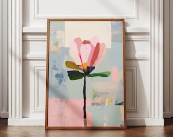 Danish Pastel Wall Art | Abstract Pink Flower Print | Soft Blue and Cream Decor | Modern Botanical Illustration | Aesthetic Room Decor