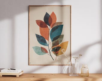 Layered Abstract Botanical Print | Terracotta Teal Mid-Century Art | Digital Download