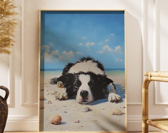 海遊び　水彩画　ボーダーコリー ボーダーコリーの水彩画プリント：海岸沿いの小道を歩く犬、農家風の