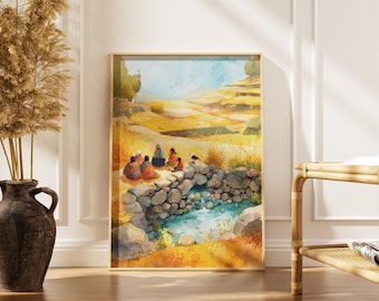 Andean Village Watercolor Print, Peruvian Landscape Wall Art, Rural Community Gathering, South American Culture Painting, Warm Yellow Fields