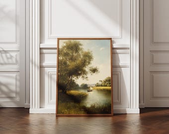 Vintage Landscape Oil Painting, Printable Wall Art, Rustic River Countryside Print, Cottagecore Decor, Farmhouse Digital Download, Nature