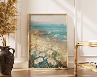 Vintage Coastal Wildflower Field | Impasto Oil Painting Print | Ocean & Sailboat Landscape Serene Summer Seascape | Rustic Beach Decor
