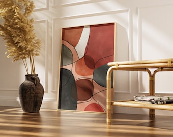 Arte de pared con formas orgánicas / Decoración bohemia neutra / Estampado en naranja quemado y verde / Arte lineal minimalista / Póster contemporáneo para dormitorio