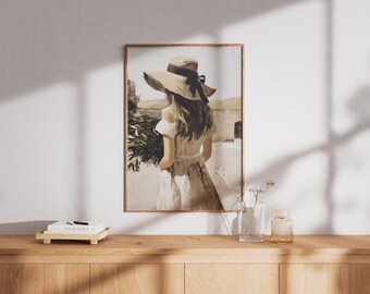Vintage Woman with Hat Print, Cottagecore Wall Art, Girl Holding Olive Branches, Rustic French Country Decor, Romantic Summer Painting