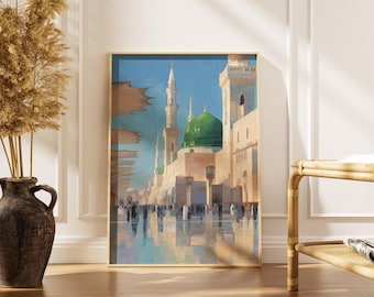 Masjid An-Nabawi Wall Art | The Prophet's Mosque Medina Print | Green Dome Islamic Home Decor | Madinah Painting | Muslim Gift