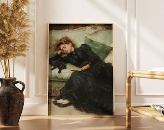 Vintage Woman Sleeping with Cat, Dark Academia Wall Art, Reading Nook Decor, Black Cat Oil Painting, Victorian Lady Print, Book Lover Gift