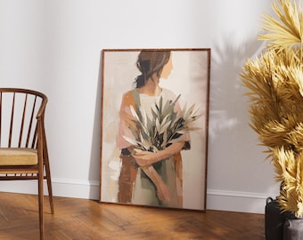 Abstract Woman with Leaves Print, Boho Botanical Wall Art, Neutral Beige Painting, Sage Green Olive Branch, Minimalist Female Portrait