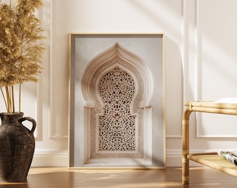 Moroccan Arch Print, Islamic Architecture Wall Art, Neutral Boho Window Poster, Intricate Stone Carving, Arabic Lattice Design