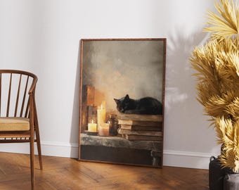 Black Cat Wall Art, Dark Academia Print, Sleeping Cat on Books, Witchy Home Decor, Cozy Library Poster, Vintage Style Oil Painting,