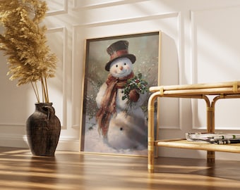 Vintage Snowman Print, Rustic Christmas Wall Art, Farmhouse Holiday Decor, Antique Style Winter Painting, Cute Snowman with Scarf