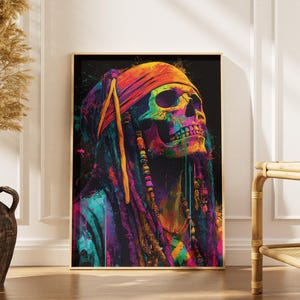May include: A framed art print featuring a colorful skull with dreadlocks and a red and yellow head wrap. The artwork is vibrant with shades of purple, blue, green, and yellow, creating a striking visual effect. The skull is the central focus, set against a black background.