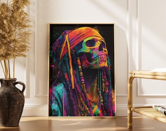 Pirate Captain Skull Print, Neon Graffiti Pop Art (Digital Download)