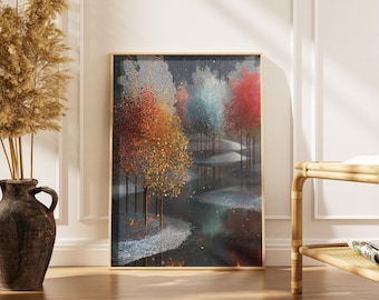 Abstract Forest Wall Art, Colorful Tree Print, Modern Pointillism Landscape, Vibrant Autumn Winter Decor, Mosaic Nature, Digital Download