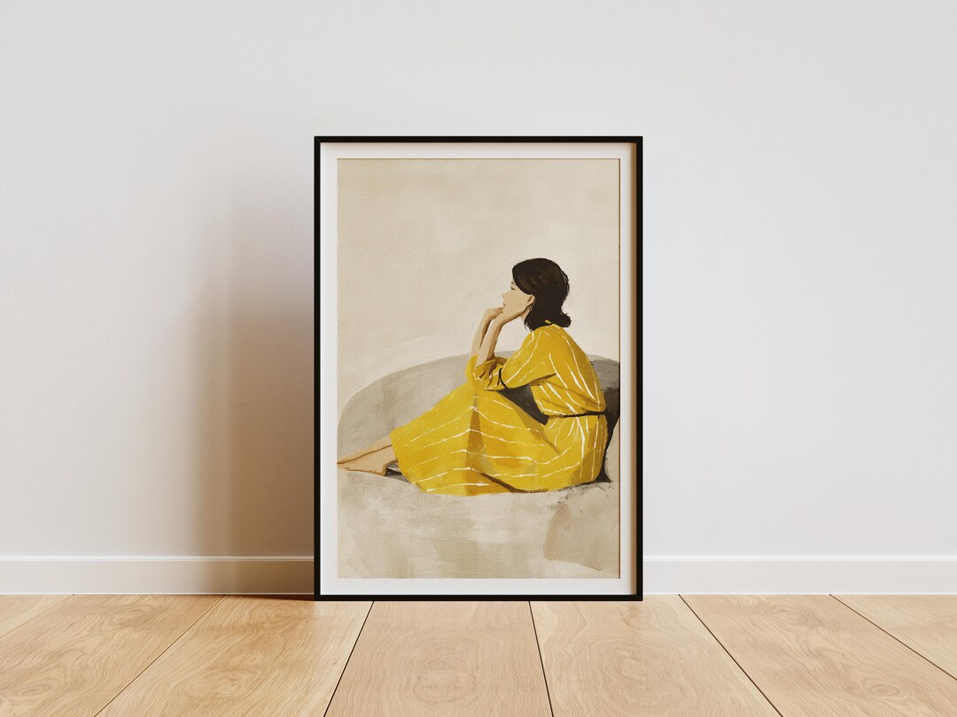 Woman in Yellow Dress Art Print, Minimalist Fashion Portrait, Sitting ...