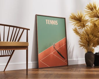 Minimalist Tennis Player Art Print, Retro Clay Court (Digital Download)