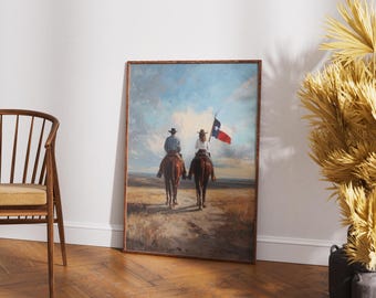 Texas Flag Horseback Print, Western Wall Art, Cowboy Couple Painting, Rustic Ranch Decor, Americana Oil Painting, Southern Living Gift