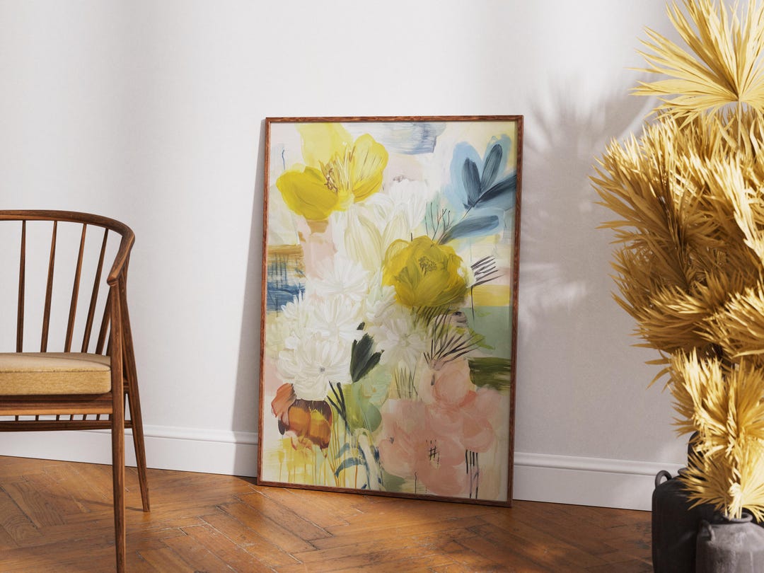 Abstract Floral Wall Art | Mustard Yellow and Pink Flower Print ...