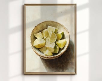 Vintage Limeskål Konsttryck, Citrus Oljemålning, Rustik Köksväggdekoration