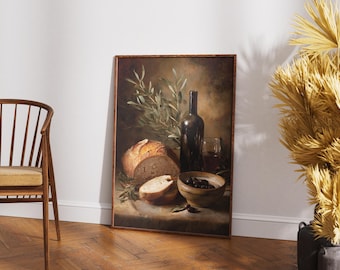 Vintage Still Life Oil Painting, Wine and Bread Print, French Country Kitchen Decor, Moody Rustic Wall Art, Farmhouse Dining Room