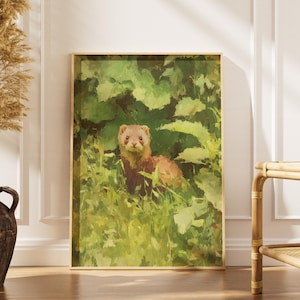 May include: A framed art print depicting a ferret in a verdant setting. The artwork presents the ferret amidst vibrant green foliage, rendered in a soft, painterly style. The ferret's brown fur contrasts with the green background, creating a naturalistic scene.
