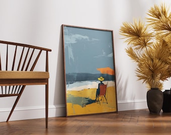 Abstract Beach Art Print, Colorful Coastal Wall Decor, Summer Vacation Painting, Modern Seaside Landscape, Person Under Umbrella