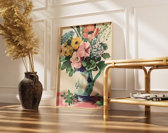 Vintage Floral Vase Print, Cottagecore Wall Art, Colorful Flower Bouquet Painting, Grandmillennial Decor, Blue and White Vase Poster