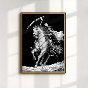 May include: Black and white framed print of the Grim Reaper riding a white horse. The Reaper is cloaked and hooded, holding a scythe. The horse is rearing up, and the background is black.