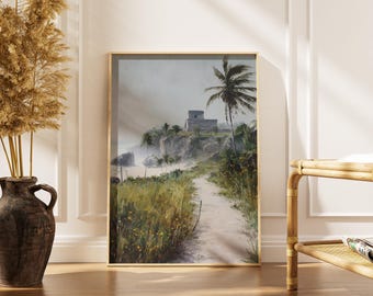 Tropical Coastal Landscape Print, Vintage Mayan Ruins Wall Art, Tulum Mexico Poster, Moody Jungle Path Painting, Ancient Architecture Decor