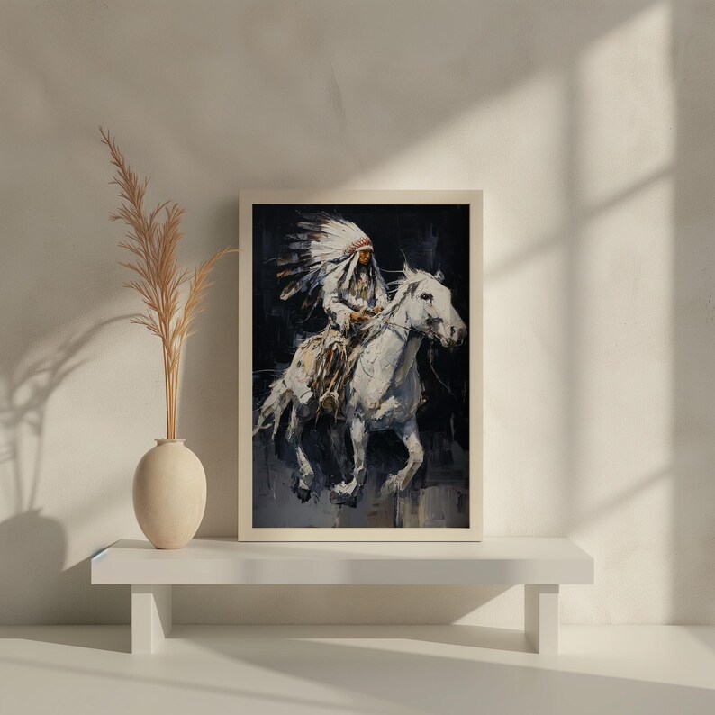 Native American Chief Riding Horse Art Print Black and White Oil ...