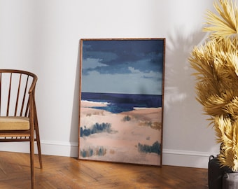 Abstract Ocean Wall Art, Modern Beach Painting, Coastal Home Decor, Navy Blue and Beige Print, Minimalist Seascape, Textured Canvas Style