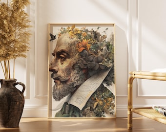 William Shakespeare Surreal Floral Portrait, Dark Academia Decor (Digital Download)