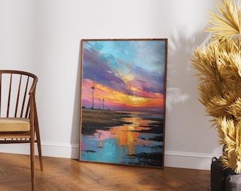 Abstract Windmill Wall Art, Rustic Farmhouse Decor, Sunset Landscape Print, Impasto Field Painting, Modern Country Cottage, Digital Download