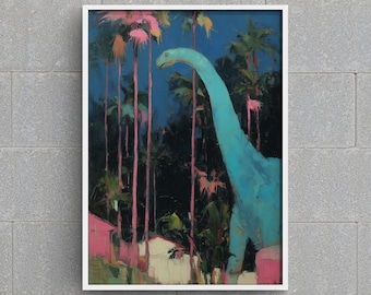 Blå dinosauriekonsttryck rosa palmträd väggdekor barnrum djurposter förhistoriskt landskap oljemålning brachiosaurus gåva