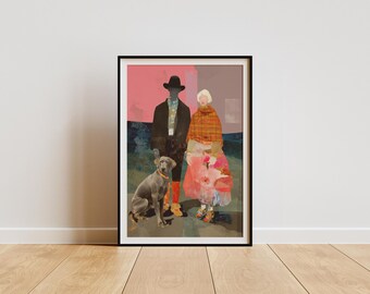May include: Art print featuring a stylized illustration of a couple with a dog. The man wears a black hat and coat, the woman a plaid shawl and pink dress. A gray dog with a yellow collar sits in front of them. The background has pink and green hues.