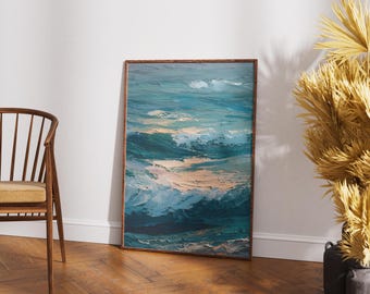 Abstract Ocean Wave Art, Textured Sea Painting, Coastal Wall Decor, Modern Nautical Print, Deep Teal Blue Art, Minimalist Living Room