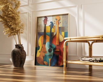 Abstract Guitar Wall Art, Cubist Music Print, Colorful String Instruments, Mid Century Modern Decor, Music Room Studio Art, Digital Download