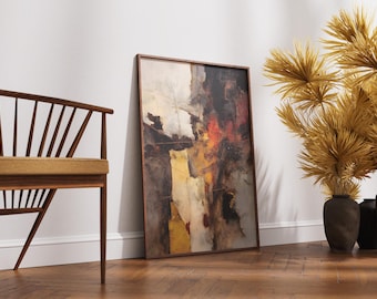 Moody Abstract Print, Fire and Ash Painting, Black and Gold Wall Art, Rustic Modern Decor, Masculine Office Art, Expressionist Canvas
