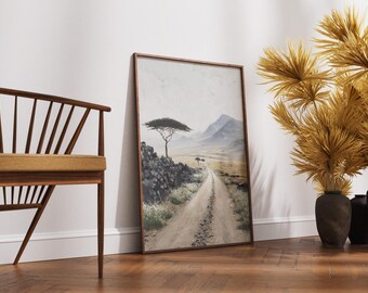 Vintage Solitary Tree Wall Art, Country Road Painting, Neutral Earth Tones, Moody Nature Poster, Rustic Farmhouse Decor