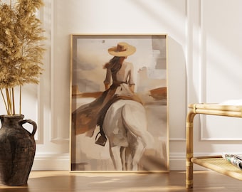 Vintage Cowgirl Print, White Horse Wall Art, Woman Riding Horse Painting, Neutral Western Decor, Equestrian Poster, Boho Ranch Art