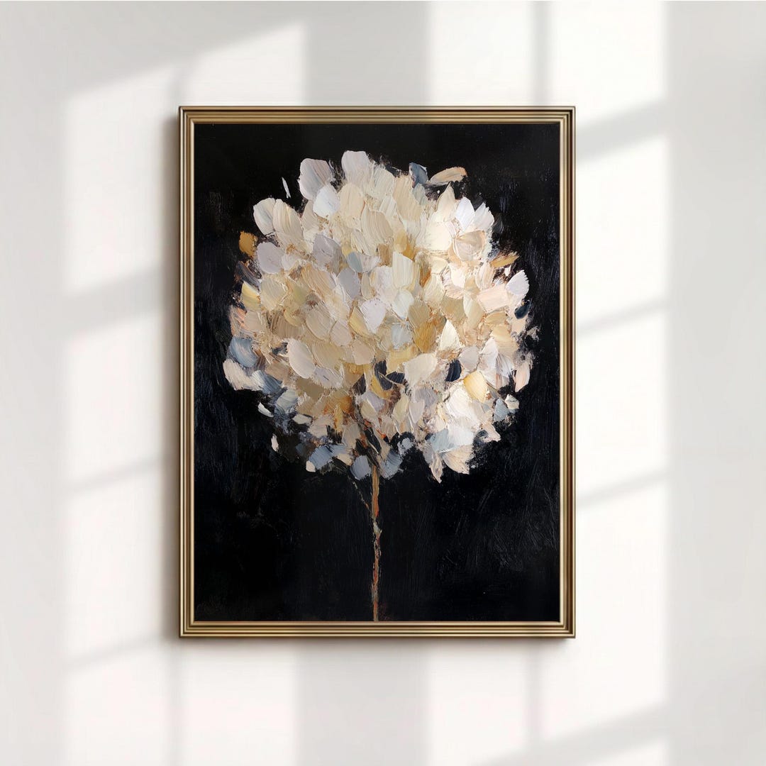Moody Floral Art Print, White Hydrangea Oil Painting, Dark Botanical ...