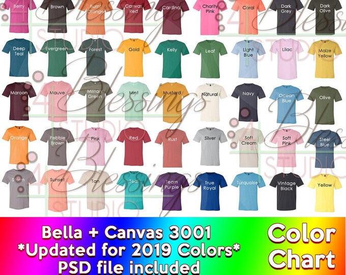 Bella Canvas 3001 Color Chart *2019 Updated* Every Color Digital File ...